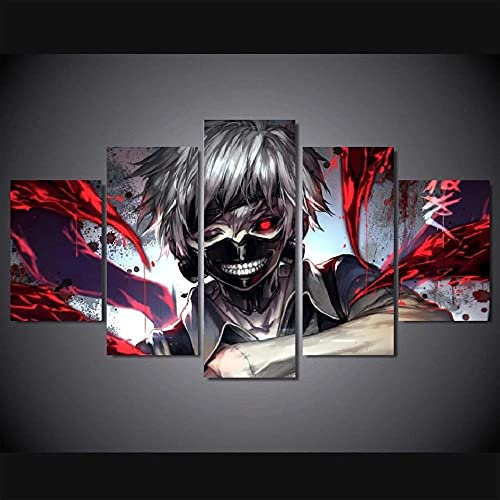 Wondbeau Leinwanddrucke Modulare Wandkunst Wandaufkleber 5 Teiliges Wandbild Druck auf Leinwand Malerei Moderne Abstrakte Poster Mit Rahmen L/150cm×80cm Anime Tokyo Ghoul Kaneki Ken