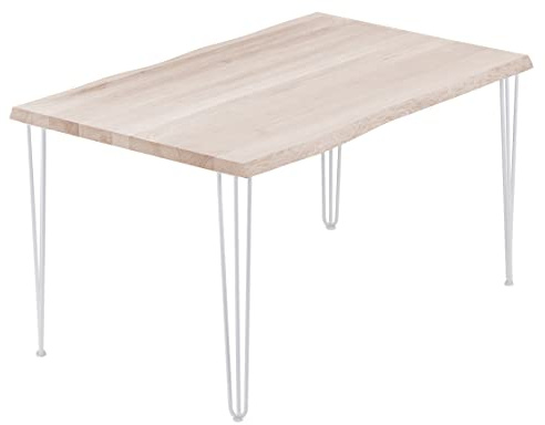 LAMO Manufaktur Esstisch Küchentisch Schreibtisch Couchtisch aus Massivholz, mit Baumkante 140x80x76 cm (AxBxH), Creative, Roh/Weiss, LAB-01-A-001-9016Cr