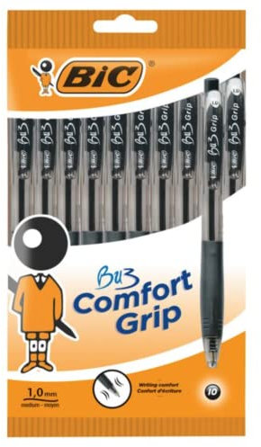 BIC BU3 Comfort Grip Druckkugelschreiber, Schwarz, 10 Stück
