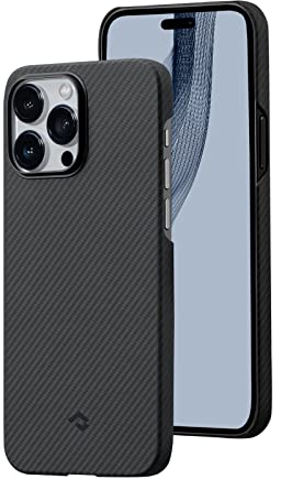 pitaka Ultradünne Hülle für iPhone 14 Pro Kompatibel mit Magsafe aus 600D Aramidfaser Magnetische Schutzhülle mit Kameraschutz Kratzfeste Handyhülle Minimalismus [MagEZ Case 3] Schwarz/Grau