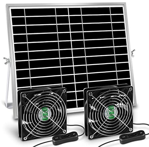 erifyng Ventilateur solaire pour abri de jardin, poulailler, serre, extérieur avec deux ventilateurs étanches IPX7 de 12,7 cm, interrupteur marche/arrêt, câble de montage et kits d'installation