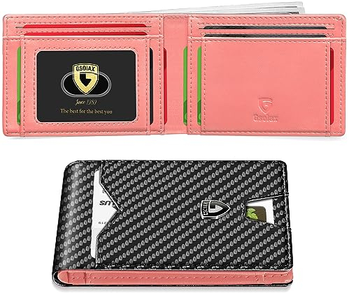 GSOIAX Portafoglio sottile da uomo minimalista in vera pelle di carbonio con blocco RFID in pelle bovina con porta carte di credito bifold con confezione regalo, Rosa e Nero Carbonio, Sottile