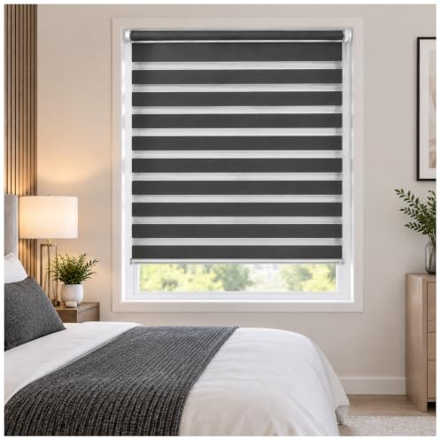 Day and Night Zebra Roller Blinds Dual Layer Fabric Grey W 184cm x L 165cm | Zebra Blind Dim or Translucent Vision Roller shades Curtains for Windows and Doors