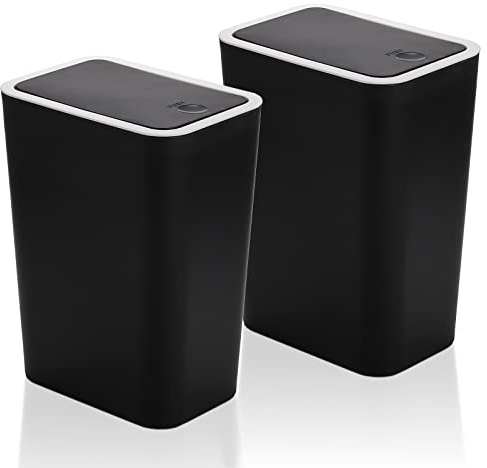 Fasmov Lot de 2 poubelles en plastique de 7,5 litres avec couvercle à pression, pour cuisine, salle de bain, salon, bureau, endroit étroit, noir