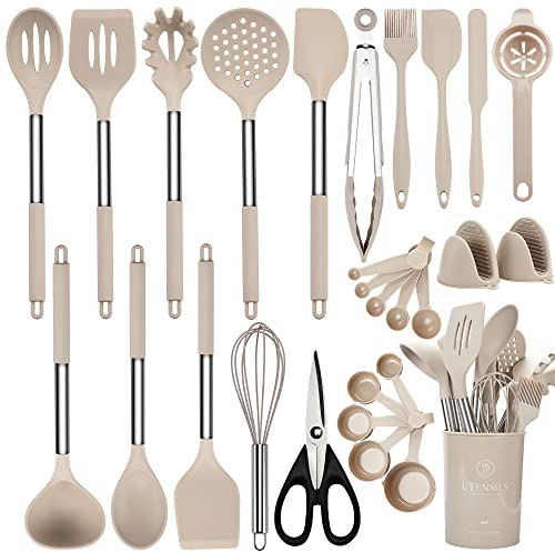 NCUE - Juego de utensilios de cocina, 28 piezas de utensilios de cocina de silicona con soporte, juego de espátulas, batidor de silicona, tijeras, tazas medidoras y cucharas con mango de acero
