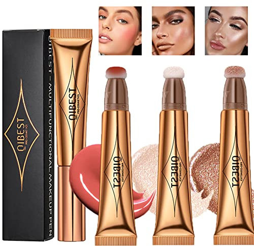 Gireatick 3pcs Liquid Beauty Wand Makeup, Matte Liquid Cheek Blusher, Liquid Contour Beauty Wand Highlighter and Bronzer Stick with Cushion Applicator, for Natural Shimmer Smooth Silky Cream Makeup
