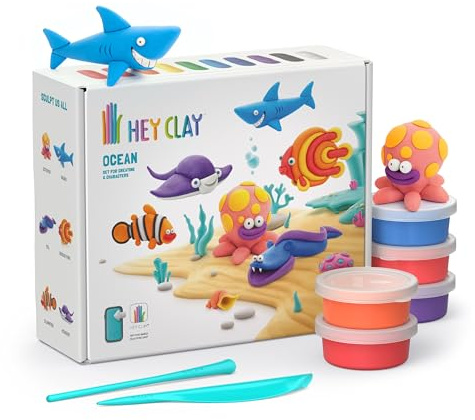 HEY CLAY - 15 Dosen lufttrocknende Knete für Kinder ab 3 Jahren - Kreatives Bastelset - Modelliermasse lufttrocknend Knete ab 3 Jahre (Ozean)