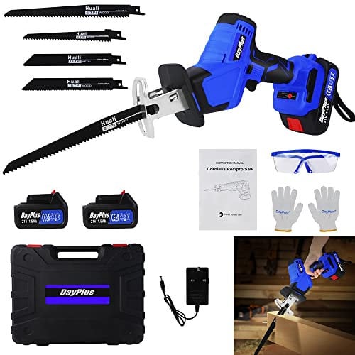 21V Battery Powered Cordless Reciprocating Saw Brushless Electric Saw Protable Wood Reciprocating Saw with 2×1.5Ah Batteries,4 Saw Blades,1 Kit Box,0-1900RPM Variable Speed for Metal Wood PVC Pipe