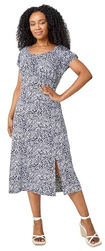 Roman Originals Women Gathered Chest Dress Ladies Stretchy Fit & Flare Swing Tea A Line Skater Waist Ruched Knee Length Midi Smart Casual Work Going Out Party - Petite Blue - Size 12