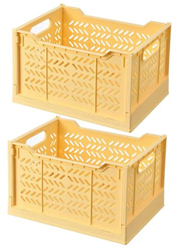 Volein 2 Pcs Large Collapsible Storage Boxes Stackable Plastic Storage Crates Foldable Storage Baskets for Kitchen, Living Room, Bedroom(Yellow)