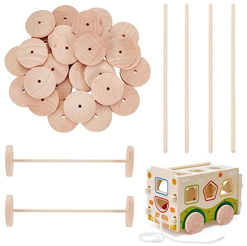 OLYCRAFT 60 Stück Holzräder Mit 30 Stück 15cm Holzstäben Unbearbeitete Holz Bastelräder Leere Mini Holzräder Flache Holz Bastelräder Für DIY Modellautos Holz Bastelbedarf Kunsthandwerk - 38mm