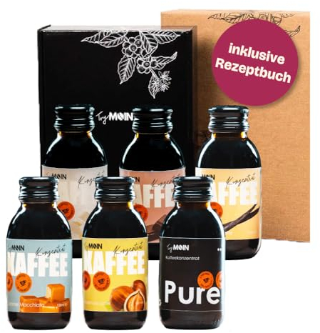 TryMoin – Probier- und Geschenkset – 6 Flaschen Kaffeekonzentrat mit Kaffeesirup inkl. Rezeptbuch, Eiskaffee auf Barista Niveau, Kaffee-Geschenk-Set, Kaffee-Sirup-Set, 65 Kaffees