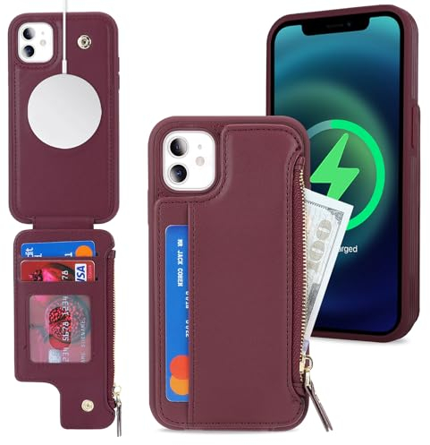 SailorTech iPhone 11 Case with Credit Card Holder magsafe, iPhone 11 Phone Leather Case Wallet for Women Compatible mag safe Card Slots Zipper Shockproof Case for Men - Burgundy