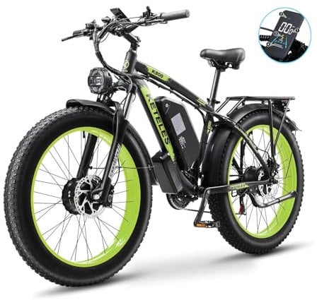 Kinsella KETELES K800 dual motor 26-inch fat tire mountain electric bike 48V 23AH battery, 4 color options, 21 speeds, color display,Hydraulic brakes, UK Warehouse (black&green)