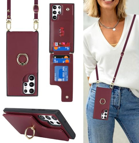Havaya Coque pour Samsung S22 Ultra avec Cordon RFID Porte Carte Portefeuille Étui Samsung Galaxy S22 Ultra avec Cordon Anneau Telephone Portable Réglable Collier Housse Etui pour Femmes - Bourgogne