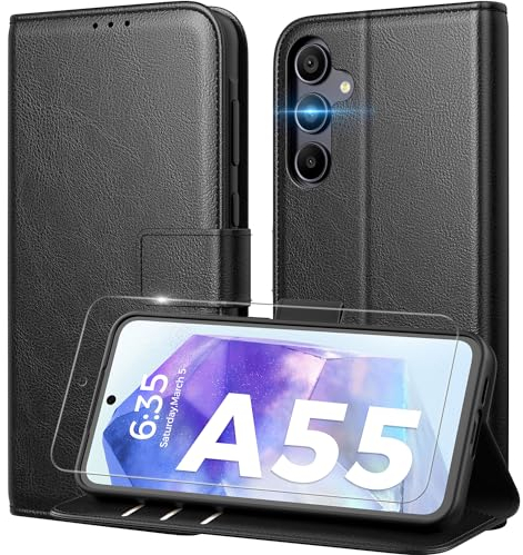 Peakally Cover per Samsung Galaxy A55 [Con 1 vetro protettivo] [Pelle PU di alta qualità] [Blocco RFID] [Slot per scheda] [Cavalletto] Custodia a libro con Galaxy A55 - (Nero)