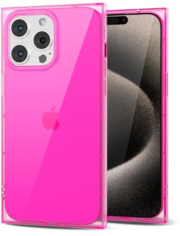 Svanove for iPhone 15 Pro Max Clear Case Square Rectangle Edge, Transparent Aesthetic Trendy Girly Neon Bright Silicone Rubber Phone Case for Women, Thin Slim TPU Bumper Protective Cover, Hot Pink