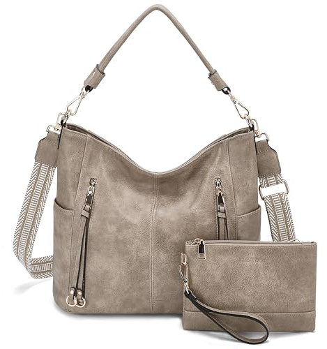 Chase Chic Handtasche Damen, Leder umhängetasche Shopper Hobo Taschen Geldbörse set Gross Schultertasche mit Abnehmbar Schulterriemen 2pcs Khaki