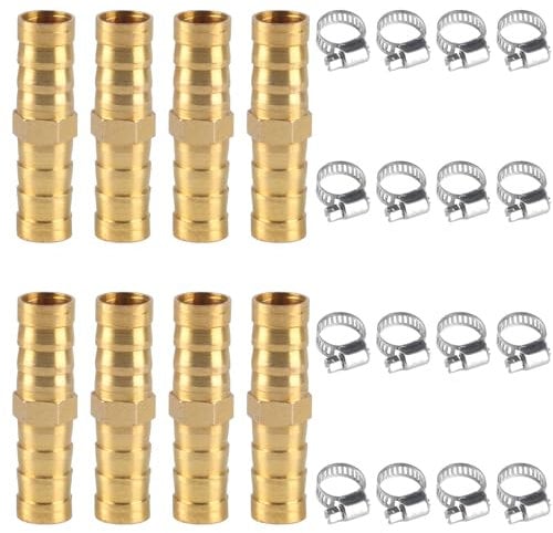 Barb Splicer Mender Hose Fittings,8 Pcs Brass Barb Union Hose Fittings, Brass Hose Barb Adapter Barb Fittings for Air/Fuel/Water/Oil,3/8(10mm) Inch to 3/8(10mm) Barb Hose ID,with 16 Pcs Hose Clamps