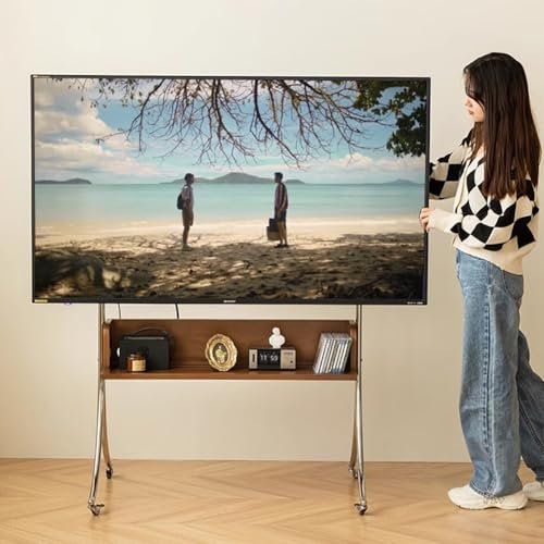 KK-GGL Wooden Mobile TV Stand on Wheels, Rolling TV Stand for 43 To 70 Inch TV, Portable Mobile TV Cart with Universal Wheels, Retro Artistic Mobile TV Stand Cart, Tall Universal Floor TV Stand