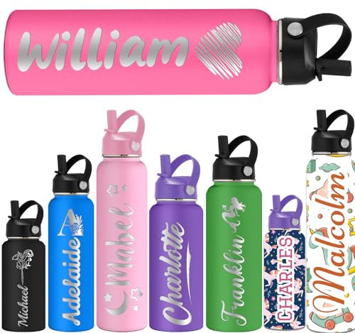 Personalised Water Bottles for Kids with Straw Lid 40/32/24/18/12oz Custom Insulated Water Bottle Stainless Steel with Name Logo Customised Engraved Cups for School Sport Gym Icon Dark Pink