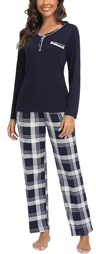 Yukiuiny Pyjama Femme Ensemble Coton Plaid Vêtement d'Intérieur Tee Shirt Manches Longues Col V Boutons Vêtement de Nuit Pantalons de Pyjama Printemps Douce Confortable B-Bleu Marine+Carreaux M