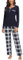 Yukiuiny Pyjama Femme Ensemble Coton Plaid Vêtement d'Intérieur Tee Shirt Manches Longues Col V Boutons Vêtement de Nuit Pantalons de Pyjama Printemps Douce Confortable B-Bleu Marine+Carreaux M
