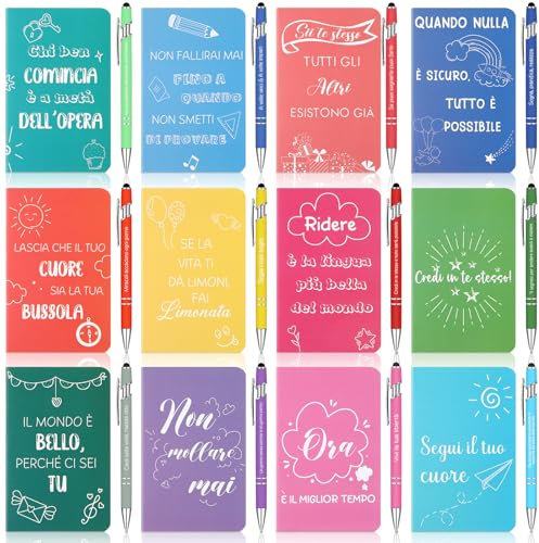 Tenare 12 Set Regali di Ringraziamento per Colleghi 12 Piccoli Quaderni con Frasi Motivazionali Mini Taccuini Tascabili 12 Penne a Sfera Ispiratrici per Appunti Scuola Ufficio Laurea(Colorati)