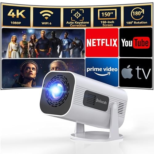 Polocsh Mini Projector 4K Support with Android TV 11,Auto Keystone &180° Rotation,Native 1080P WiFi 6 BT5.2 Built-in Speaker Portable Outdoor Projector for Home Cinema/Bedroom/iOS/Android/HDMI(White)