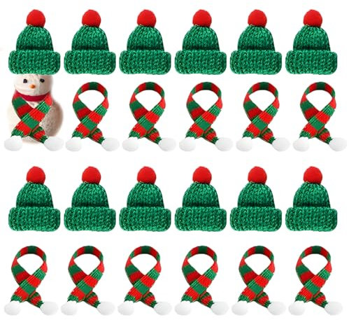 24 Stücke Mini Weihnachtsmütze und Schal Set, Mini-Strickmütze des Weihnachten Lutscherhut, Weinflasche Abdeckung Dekoration Hut mit Schal für Tischdekoration Schneemann Geschenk Dekoration (Grün)