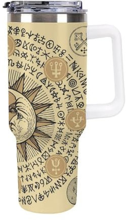 Niapessel Leak Proof Tumbler, Insulated Water Bottles with Straw, Retro Sun Moon Alchemical Symbols Insulated Cup with Handle 40 Oz Stainless Steel Flask for School, Travel, Car, Sports, Work