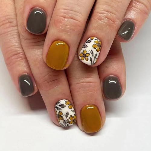 Calkkrer 24 Pièces Courtes Carrées Press On On Ongles, Ongles Artificiels Bruns Avec Motif Fleuri Acrylique, Ongles A Coller, Ongles Artificiels, Faux Ongles Pour Automne