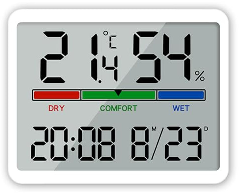 ALLOMN Hygrometer Innenthermometer, Digitales Raumfeuchtigkeitsmessgerät Genaues Temperaturmessgerät Großes LCD Display Feuchtigkeitsmessgerät Thermometer mit Uhr für Gewächshaus Hause (Weiß)