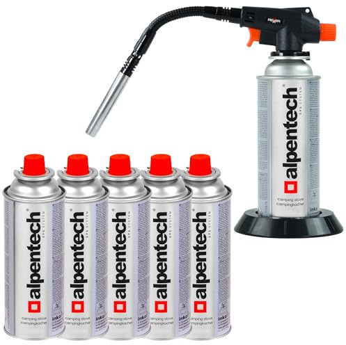 REXXER Gasbrenner Set mit 6 Alpen Camping Butangaskartuschen | 1300 W, Piezozündung, flexibler Brennerkopf, 6 Butangaskartuschen 220 g