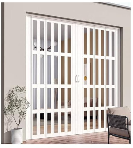 Puerta corredera plegable acordeon Interior Puerta corredera de doble puerta de aluminio, puerta plegable magnética blanca acordeón 80 75 72 70 60 59 pulgadas de ancho, tamaños personalizables(WxH 150