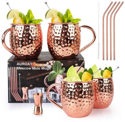 AUROAY Bicchieri Moscow Mule Rame,Set di 4 Tazze Moscow Mule,Boccali Placcati Rame Fatto a Mano in Acciaio Inossidabile 550ml,Bicchieri Cocktail Mugs con Cannucce Spiedini Mosurino Scovolino