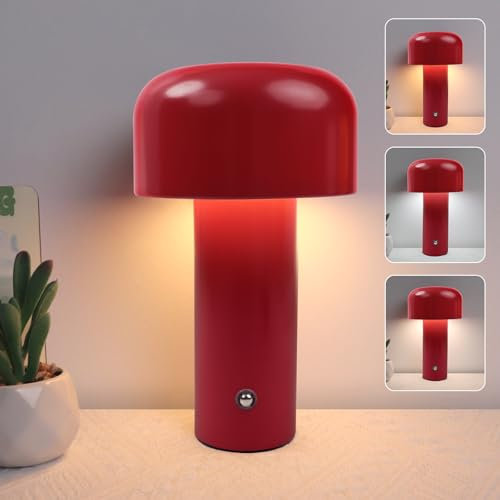 EXTRASTAR Mushroom Shape LED Desk Lamp, USB Rechargeable Mushroom Decorative Table Lamp Light with 3 Colours Dimmable for Restaurant, Bar, Bedroom, and so on (Red)