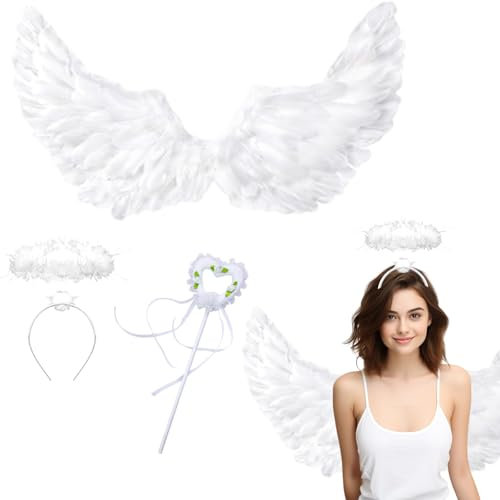 Blanco Ángel Alas,Diablo Disfraz Señoras,Alas de Ángel Disfraz con halo y Varita mágica,Disfraz de Alas de Adulto Niños,Ángel Accesorios de Disfraces Ángel Diablo,Disfraz de Carnaval (Blanco 80*40cm)