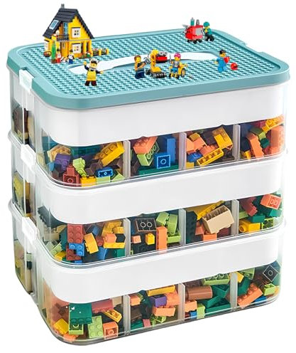 Dokeno Aufbewahrungsbox mit Deckel Kinder, 3 Stufen Bausteine Stapelboxen, Spielzeugkiste Kinderzimmer, Kinderstaubox, Trennbare Kunststoffbox Transparent, Sortierboxen Kleinteile, Craft Veranstalter