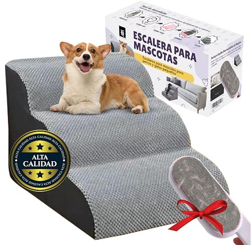 HALVERIA® Escalera y Rampa para Perros | 3 Escalones de Espuma Alta Densidad | Antideslizante, Funda Lavable | para Cama o Sofá | Ideal para Perros Pequeños, Gatos y Mascotas Mayores