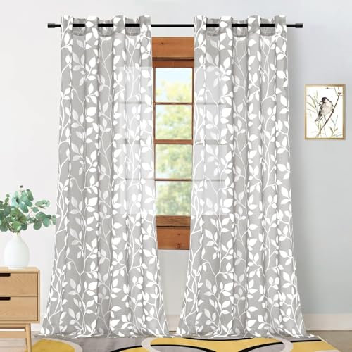 MRTREES Schlafzimmer Gardinen Voile mit Ösen und Vorhänge Transparen mit Muster Weißen Blätterdrucken Vorhang Grau Wohnzimmer Modern 2er Set, 245 cm Lang, 140 cm Breit, Sheer Curtains