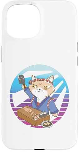 iPhone 15 Sushi chef cat headband blue attire wooden counter sushimi Case