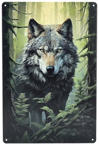 Blechschild Wolf – Wächter des Waldes – 30 x 20 cm, Metall Wanddekoration mit kunstvollem Wolfsmotiv