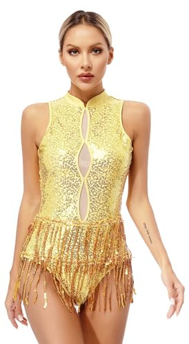 iEFiEL Damen Pailletten Tanzbody mit Handschuhe Ärmellos Ballett Trikot Neckholder Leotard mit Quaste Latein Overalls Turnanzug Gold S