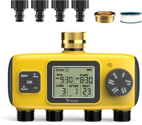 TRJZWA Programador Riego Automático,4 Entradas de Agua, Controlador de Entrada de Latón Riego de Jardín Inteligente con Pantalla LCD, Retardo de Lluvia, IP65 Impermeable,Apto para Jardines y Patios
