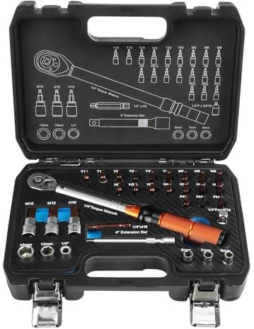 ISINEVER Drehmomentschlüssel Set 1/4 Zoll 2-20 Nm | Feinmechanik Drehmomentschlüssel ±3% Genauigkeit | Fahrrad & Motorrad Reparaturwerkzeug mit 31 Zubehörteilen, Bits, Nüssen & Adapter