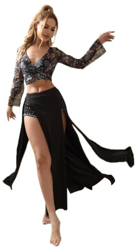 ROYAL SMEELA Bauchtanz Kostuem Damen professionell Bauchtanz Top und Rock Bauchtanz Übungskleidung Bauchtanz Trainingskleidung Bauchtanz Oberteil Rock sexy Bauch tanzen Kostuem Fuer Frauen schwarz