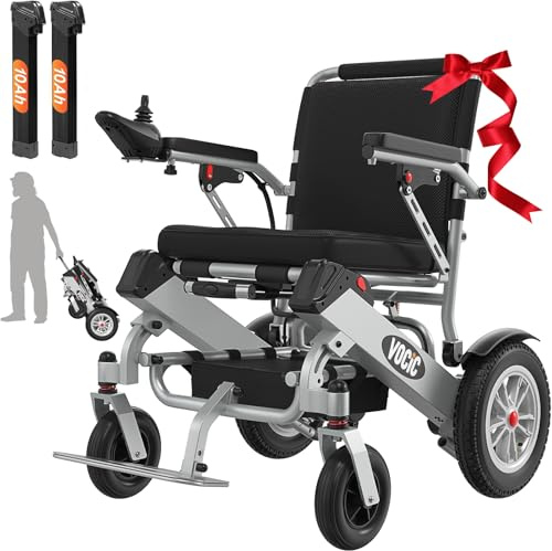 VOCIC V62 Lightweight Electric Wheelchair 25KG, Dual Battery 18.6 Miles, Aluminium Foldable Travel Powered Wheelchair with 30CM Rubber Tyres, 500W, Max136KG, Airline Approved, 5 Year Support(Sliver)