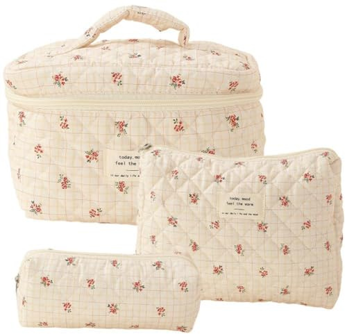 Asyduey Makeup Cosmetic Bag Large Capacity Makeup Bag 3 Pcs Cotton Quilted Makeup Bag Aesthetic Floral Toiletry Bag for Women F