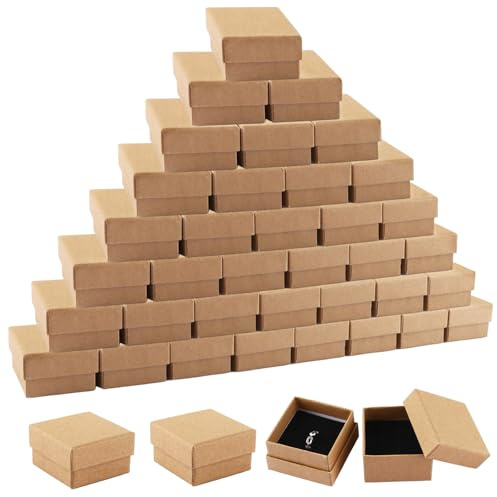 LDXDRU 48 Stück Kraft Braun Square Geschenkboxen Karton mit Deckel Schmuck Ring Boxen mit Baumwollfüllung für Jubiläen, Hochzeiten Oder Geburtstage 5×5×3cm